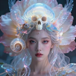 3 d close - up head shot portrait of the face of a beautiful princess, giant flower, blurred background, jellyfish face skull phoenix bird, translucent, nautilus, energy flow. highly detailed, epic, cinematic. octane render, excellent composition, cinematic dystopian by wlop, tooth wu, greg rutkowski, beeple