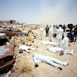 a camera shot of rusty objects scattered all around, white people in suits waiting and laying on the floor, wrecked vehicles pieces, sparse dried vegetation, heatwave, blinding sun, crumbling infrastructure, dust storm in the horizon, crowds in the distance, reporter, live footage, canon 3 5 mm lens, ektachrome color photo