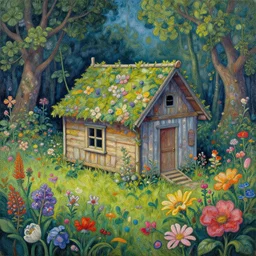 a cabin in a mystical field of flowers illustration painting, oil on canvas, intricate, hd, digital art, overdetailed art, complementing colors, detailed, illustration painting by alex gray, digital art, moebius