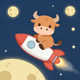 a cartoon bull riding a rocket to the moon, cell shaded, flat lighting, drop shadows