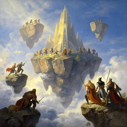 in the sky flying islands valhalla norse gods fighting on floating rocks in the sky epic battle clouds illustration sharp focus sunlit vista starlight painted ruan jia raymond swanland lawrence alma tadema zdzislaw beksinski norman rockwell tom lovell alex malveda greg staples