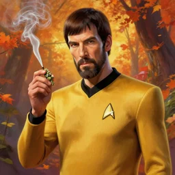 an epic fantasy comic book style portrait painting of star trek spock smoking weed and being stoned, studio ghibli, unreal 5, daz, hyperrealistic, octane render, cosplay, rpg portrait, dynamic lighting, intricate detail, harvest fall vibrancy, cinematic