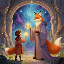 an anthropomorphic fox wizard wearing long flowing robes teaches his apprentice a new magical spell in front of a magical gateway to another universe, illustration by greg rutkowski, thomas kindkade, alphonse mucha, loish, norman rockwell, artstation, furaffinity