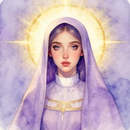pastel watercolor portrait of a lavender priestess, artgerm, artstation, radiant halo of light, gilding, ismail inceoglu