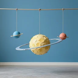 a kinetic sculpture of equilibrium. solar system hanging from horizontal line, blue room, papier - mache