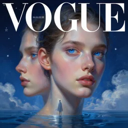 sci - fi, 3 d, stars, fashion model face blue eyes, cinematic, clouds, moon rays, vogue cover style, poster art, blue mood, realistic painting, intricate oil painting, high detail illustration, figurative art, multiple exposure, water, 3 d, by tooth wu and wlop and beeple and greg rutkowski