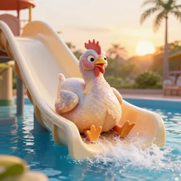 anthropomorphic raw chicken food going down a waterslide in a waterpark, by marc adamus, sunset, beautiful