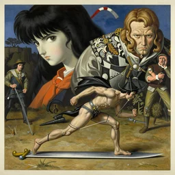scavenger running on thin blade, monumental painting by gerrit van honthorst and hajime sorayama and william blake, illusion surreal art, highly conceptual figurative art, intricate detailed oil illustration, controversial poster art, polish poster art 1 9 8 0