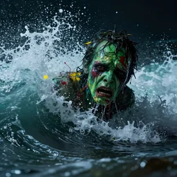 the pain is splattered on the sad monster's green face while huge waves crash against him on a dark night, water sprays into the air, hints of red and yellow, fantasy, unreal engine