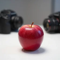 an apple made of ruby is sitting on the white table, clear focus, bokeh effect, high res, hasselblad, dslr, professional, cinematic