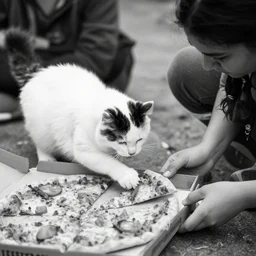 big fat fluffy white and black cat stealing pizza from homeless women 4 k black and white photo