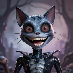 latex puppet cat smiling hard happy felin portrait tim burton teeth movie poster cyberpunk