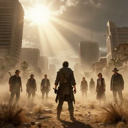 phoenix arizona after apocalypse, city, sunrays, dust in the air, tumbleweed, dnd character, unreal engine, octane render, dramatic lighting, digital art, by stanley artgerm lau, greg rutkowski, thomas kindkade, alphonse mucha, loish, norman rockwell