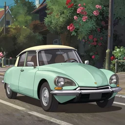 a wholesome animation key shot of!! one!! focused! 1 9 7 4 citroen ds! in the street, medium shot, studio ghibli, pixar and disney animation, sharp, very detailed, high resolution, rendered in unreal engine 5, anime key art by greg rutkowski, bloom, dramatic lighting