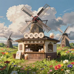 ghibli style of a cute milk tea pub in the middle of grass ， colorful flowers ， big windmills ， sky and clouds ， unreal engine, hyper realism, realistic shading, cinematic composition, realistic render, octane render, detailed textures, photorealistic, wide shot