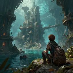 a fantasy steampunk sunken city with a character watching over, deep colour\'s, realistic, hyperrealistic, concept art, stylized, unreal engine 5, trending on art station, W 1024