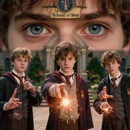 sharp, highly detailed, 6 5 mm still from a 2 0 1 9 sci fi color movie, set in 1 8 5 0 in an alternate universe, mid distant shot of three students practicing magic, outside the'school of magic ', 1 8 5 0 s era clothing, cinematic lighting, in focus, detailed eyes, sharp lens, live action, award winning lighting, award winning photography