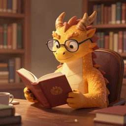 a studios dragon wearing glasses reading a book in a cozy library, digital art, furry art, warm colours, relaxing