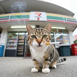 cat smoking a cigarette in 7 - eleven wide angle lens