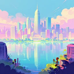 cyberpunk city surrounded by a glistening lake, pixiv fanbox, dramatic lighting, maximalist pastel color palette, splatter paint, pixar and disney concept, graphic novel by fiona and dustin nguyen, peter elson, alan bean, wangechi mutu, clean cel shaded vector art, on artstation
