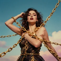 abstract portrait of a beautiful woman breaking free of her gold chains, in the sky, cinematic lighting, establishing shot, surrealist, pop art