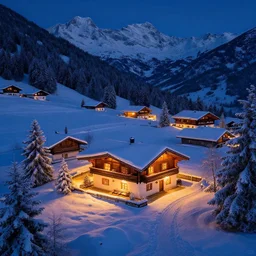 matte painting of winter night mountain cottage szene in beautiful mountain landscape in the bavarian alps, by albert whitlock, amazing details, beautiful composition, vibrant colors, bird eye view, luminescent, warm hue's