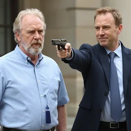 Michael de Santa pointing a glock at Trevor Philips
