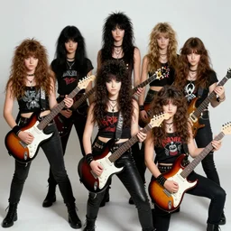 Group of 19-year-old women holding electric guitars, long shaggy hair, permed hair,  doom metal, punk rock, SST, band promo photo, 1987 photograph