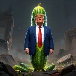a cucumber donald trump, concept art, matte painting, apocalyptic, volumetric illumination