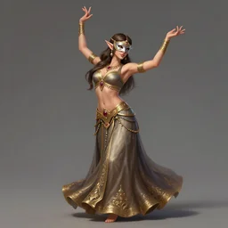 a highly detailed illustration of a masked elegant elf arabian dancer, gracefully belly dancing pose, waving arms, intricate, elegant, highly detailed, centered, digital painting, artstation, concept art, smooth, sharp focus, league of legends concept art, WLOP