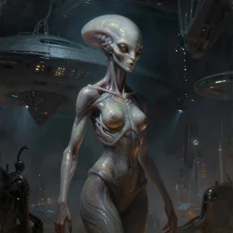 an extremely detailed masterpiece painting of a beautiful pleiadian extraterrestrial female, spaceship technology in background, in the style of tom bagshaw and h. r. giger, digital art, epic scene, extremely moody lighting, glowing light and shadow, atmospheric, shadowy