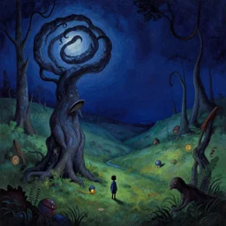 twisted cartoon night landscape, magical realism, storybook realism, fantasy, by eyvind earle