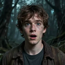 a scene from blair witch of a surprised man in a spooky background, in the style of greg rutkowski, digital photography, photorealistic, realistic, extreme detail, sharp
