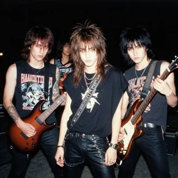 jc leyendecker painting of an anime metal band photo, direct flash photography at night, film grain