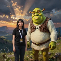 Shrek as an event companion, painting by Chie Yoshii. Cinematic.