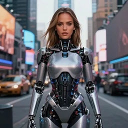 ig body portrait of jessica alba cyborg young woman in an overgrown nyc times square, facing the camera, symmetrical, raver girl, pinterest, anime girl, cinematic, smooth, clean digital concept art,
