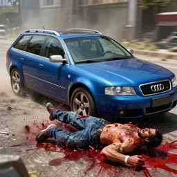 mortal kombat 1 1 gameplay footage of a denim blue audi a 4 b 6 avant ( 2 0 0 2 ) performing a brutality by running over sub - zero gruesomely, blood, gibs, blood splatter
