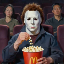 painting of Michael Myers sitting in a row of movie theater seats eating popcorn, sharp focus, face focused, trending on ArtStation, masterpiece, by Greg Rutkowski, by Ross Tran, by Fenghua Zhong, octane, soft render, oil on canvas, moody lighting, high contrast, light off, cinematic, professional environmental concept art
