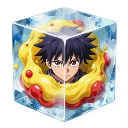 rimuru tempest inside a cube of ice, pop, yellow and red accents, tensei shitara slime datta ken, highly detailed, professional digital painting, concept art, extreme illustration, unreal engine 5, photorealism, hd quality, 8 k, black hoodie, fur scarf, cinematic, art by andy warhol, yoshitaka amano