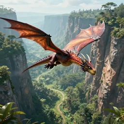 a feather dragon flying over high cliffs and jungles, fantasy, high detail, 8k, sharp focus, octane renderer