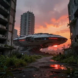 futuristic spaceship in the middle of brutalist architecture by Le Corbusier, abandoned buildings, empty streetscapes, surrounded by lush green vegetation, ground-level view, puddles of water, stunning volumetric lighting, sunset, trending on Artstation, 8k, photorealistic, hyper detailed, unreal engine 5, cinematic, epic lighting, cryengine, octane render, cyberpunk, red and orange glow, dark, gloomy, foggy
