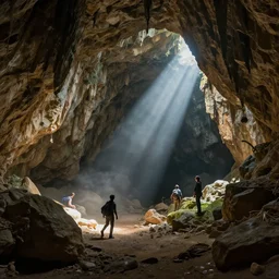 humans exploring cave, beautiful dynamic lighting, cinematic, wide angle establishing shot, extremely high detail, photo realistic, cinematic lighting, post processed, concept art, artstation, matte painting, style by frederic church, raphael lacoste, unreal engine 8 k