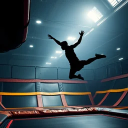 silhouette of a man falling from a high surface onto a trampoline in a trampoline park, realistic, detailed, accurate, colorful.