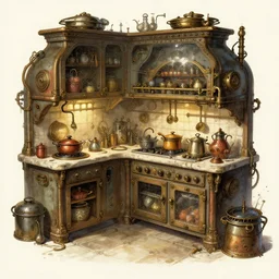 a detailed concept art of a steampunk kitchen, by moebius, by beeple