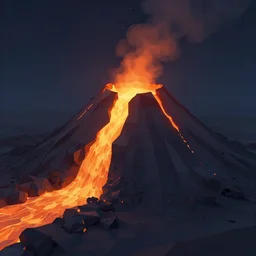 low poly unity render of a volcano with glowing orange lava rolling down the side of it, low lighting