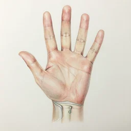 medical reference, anatomical illustration of a hand : : anatomy study of hand : : hyperrealism, colored pencil illustration