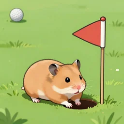 “ hamster coming out of a golf hole, golf flag on a golf terrain ”