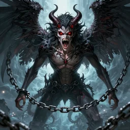 lucifer, dark angel, demon, red eyes, chain, handcuffs, large chain, wide open mouth, scream, cruelty, sea bottom, light effect, hyper detailed, intricate, elegant, highly detailed, digital painting, artstation, concept art, matte, sharp focus, illustration, by dan mumford, yusuke murata, makoto shinkai, ross tran