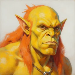 a beautiful painting of a vibrant yellow orange half orc with a human face with spiky hair, by craig mullins, featured on artstation