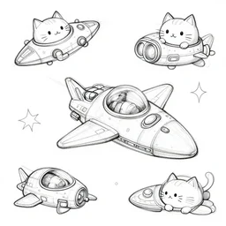 cat spaceship sketches lineart